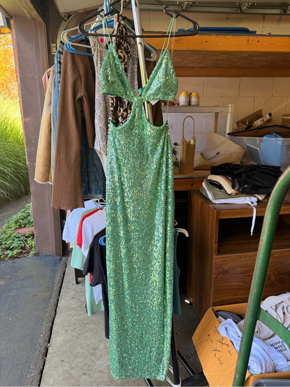 Nookie Green Sequin Backless Slip Dress